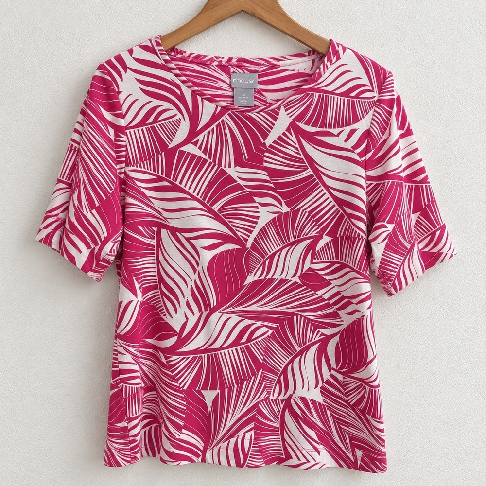 Chicos Pink White Palm Leaf Print Pima Cotton T Shirt Size 2 Large Tropical Tee